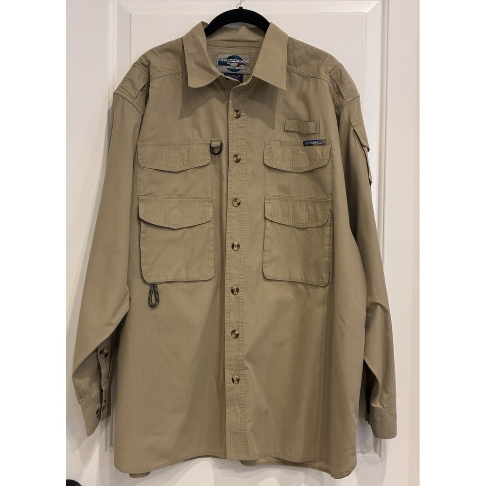 ExOfficio Adventure Travel Shirt Mens 2XL Khaki Long Sleeve Fishing Roll Tab